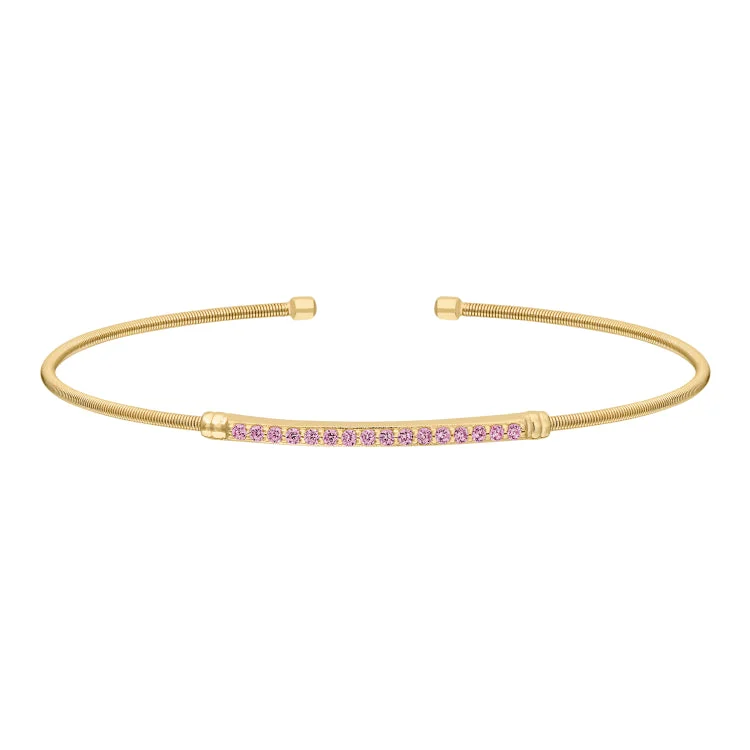 Personalized Cuff Bracelets For Women-Gold Finish Sterling Silver Cable Cuff Bracelet with Simulated Pink Sapphire Birth Gems - October