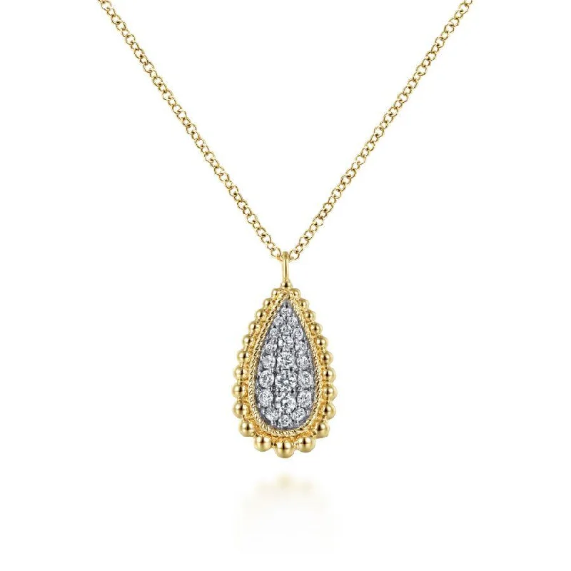 Custom Teardrop Necklaces -Gabriel & Co. - NK6357Y45JJ - 14K Yellow Gold Teardrop Diamond Pav‚ Pendant Necklace with Beaded Frame