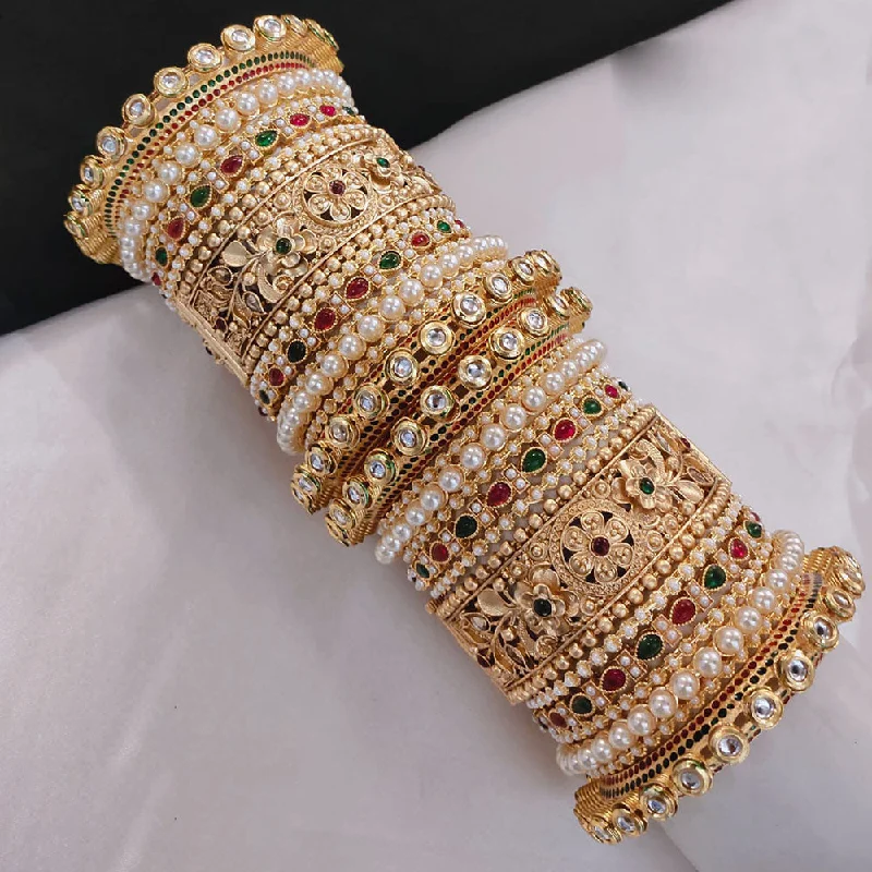 Handmade Bangles With Pearls-Akruti Collection Gold Plated Pota Stone And Pearl Openable Bangle Set