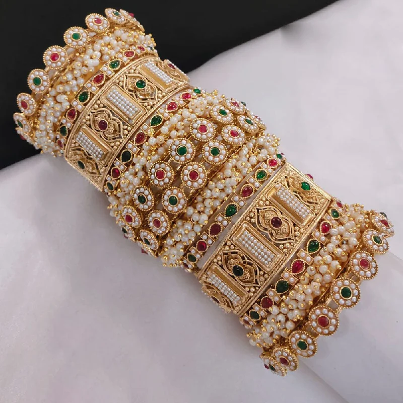 Wedding Bangles With Colorful Stones-Lucentarts Jewellery Gold Plated Pota Stone And Pearls Openable Bangles Set