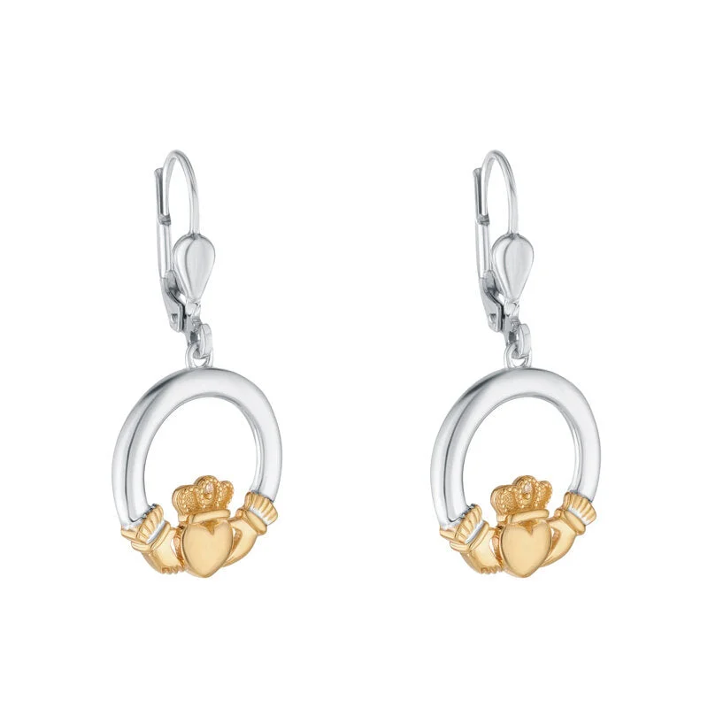 Fashion Earrings-10K Gold Diamond Heart Sterling Silver Claddagh Drop Earrings