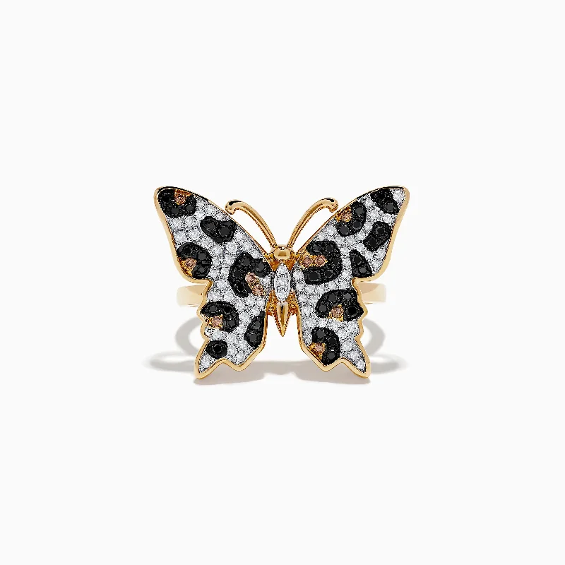 Bridal rings-14K Yellow Gold Black, Brown, and White Diamond Butterfly Ring