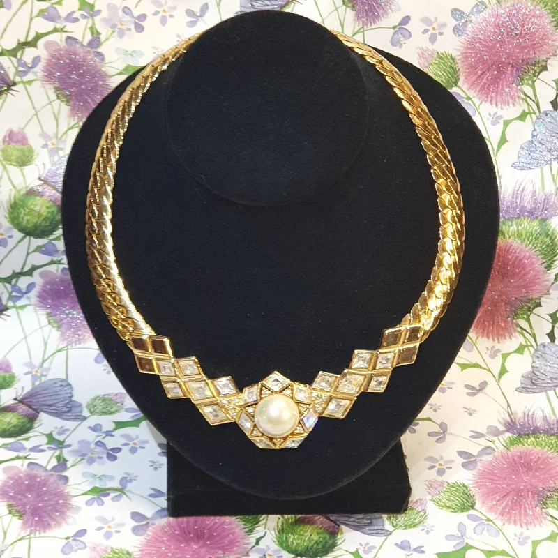 Gold Statement Necklaces -Christian Dior Necklace Gold Chain Pearl Crystal Vintage