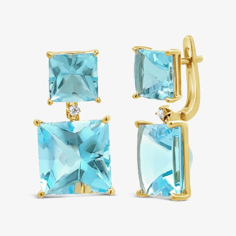 Gold Earrings With Gems-Square Cabochon Sky Blue Topaz Dangle Earrings