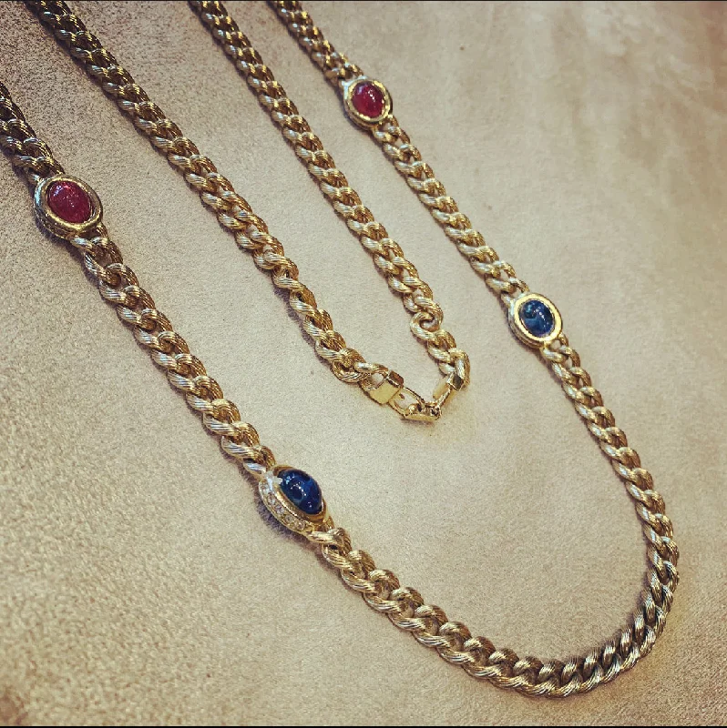 Personalized Design Pendant Necklaces -Grosse Long gold chain with emerald sapphire ruby glass