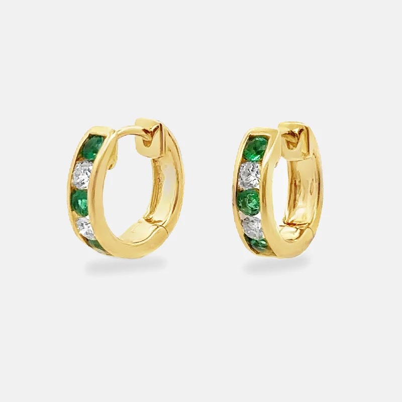 Bridesmaid Earrings-Emerald & Diamond Channel Set Huggie Earrings