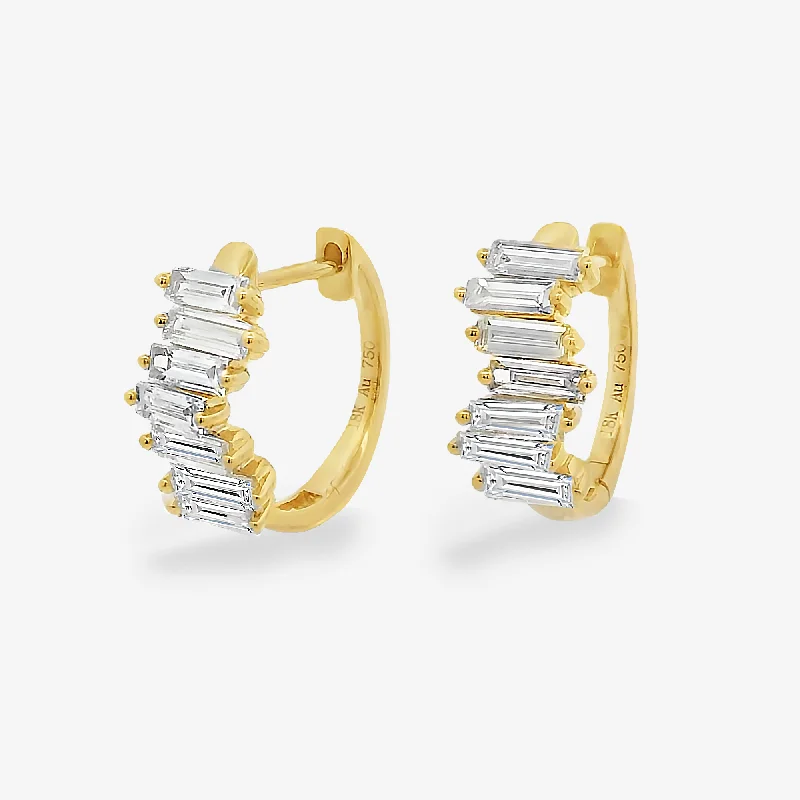 Rose Gold Hoop Earrings-Zig Zag Baguette Diamond Huggie  Earrings