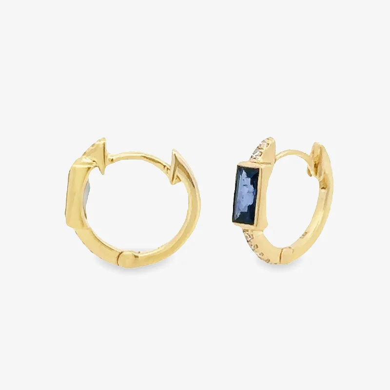 Wedding Stud Earrings-Bezel Set Blue Sapphire & Diamond Huggie Earrings