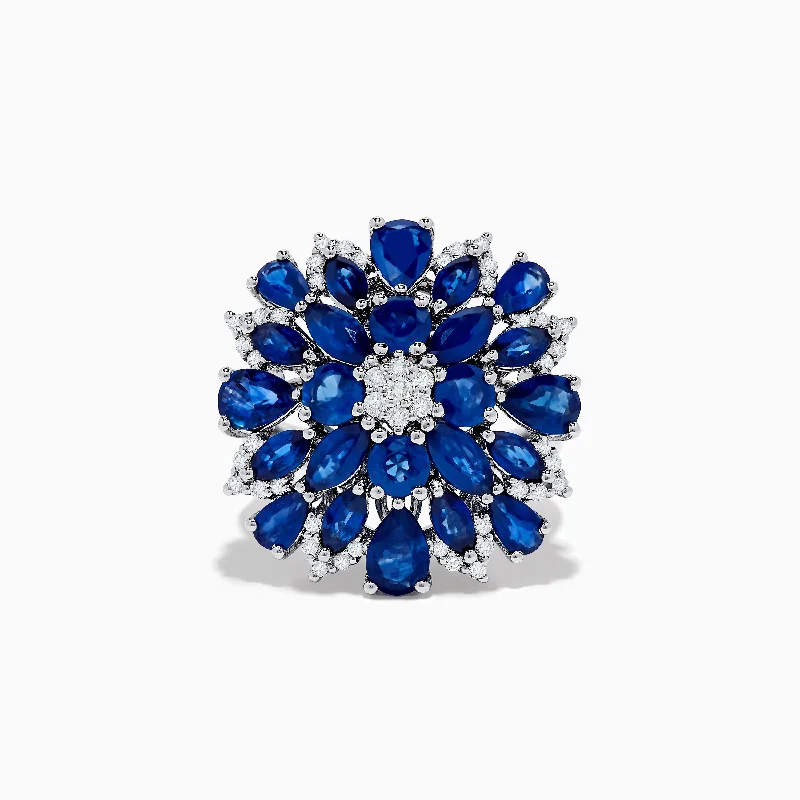 High-end rings-14K Yellow Gold Blue Sapphire and Diamond Flower Ring