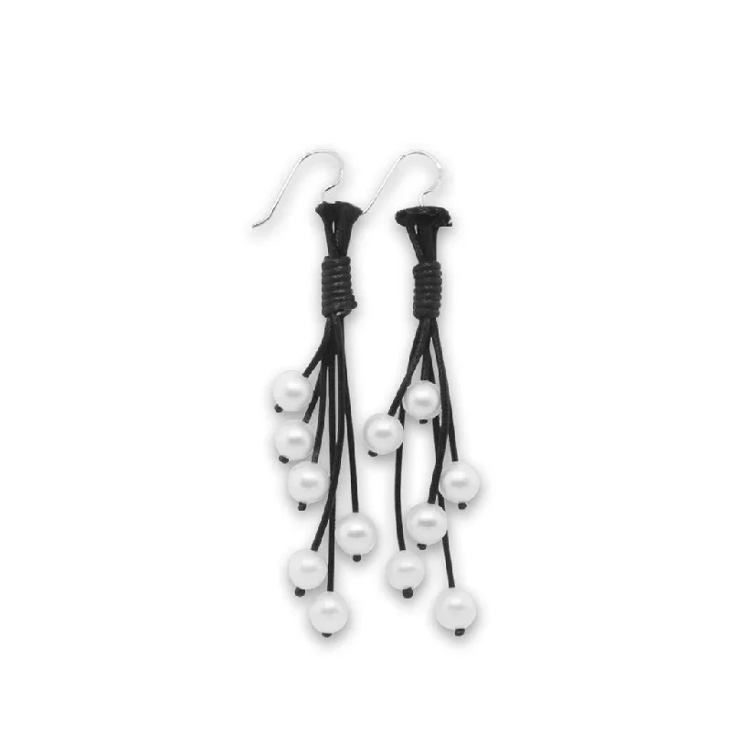 Sterling Silver Earrings-Black Leather Drop Earrings With White Pearls