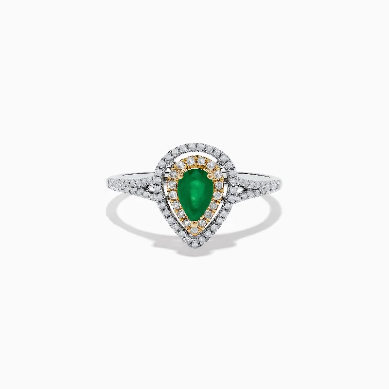 Engagement rings-14K White and Yellow Gold Pear Shaped Double Diamond Halo Emerald Ring