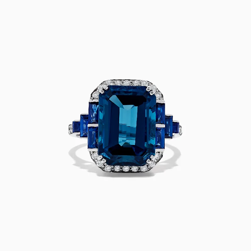 Custom-made engagement rings with sapphires-14K White Gold London Blue Topaz and Diamond Ring, 9.47 TCW