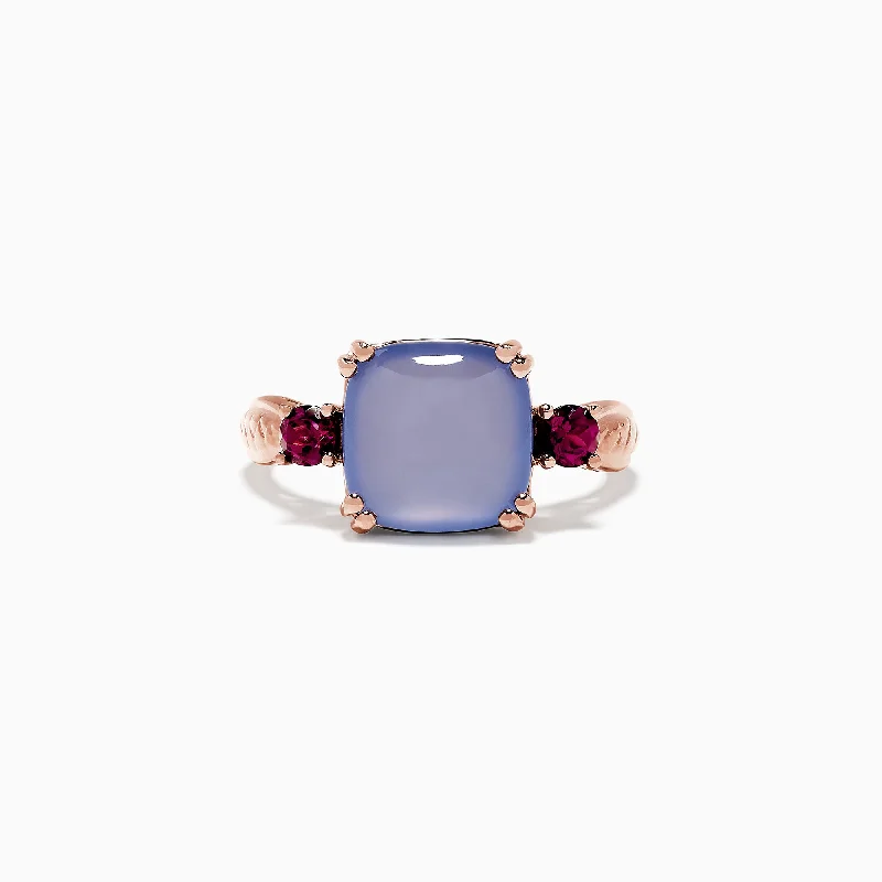 Couples rings-14K Rose Gold Chalcedony, Rhodolite Garnet and Diamond Ring, 4.42 TCW