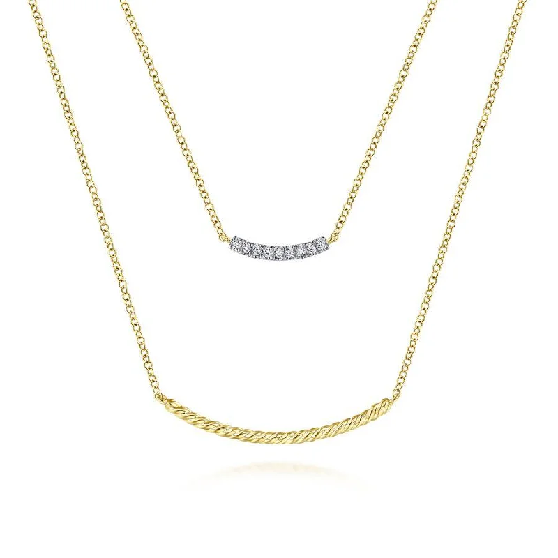 Lucky Charm Pendant Necklaces -Gabriel & Co. - NK6087Y45JJ - 14K Yellow Gold Two Strand Twisted and Diamond Bar Necklace