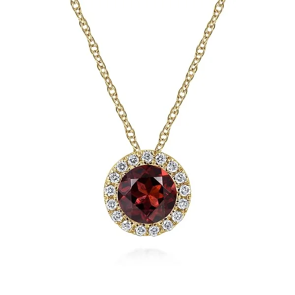 Pendant Necklaces -14K Yellow Gold Garnet and Diamond Halo Pendant Necklace NK2824Y45GN