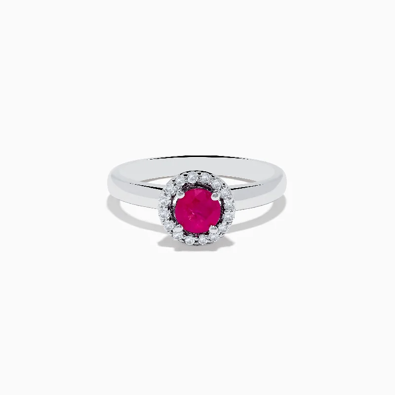 Silver rings-14K White Gold Round Diamond Halo Ruby Ring, 0.69 TCW