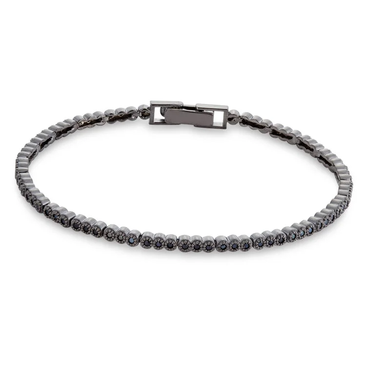 Fashionable Beaded Bracelets For Men-Platinum Finish Sterling Silver Vintage Bracelet with Black Simulated Diamonds 7.25"