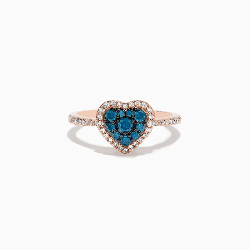 Unique promise rings for couples-Bella Bleu 14K Rose Gold Blue and White Diamond Heart Ring