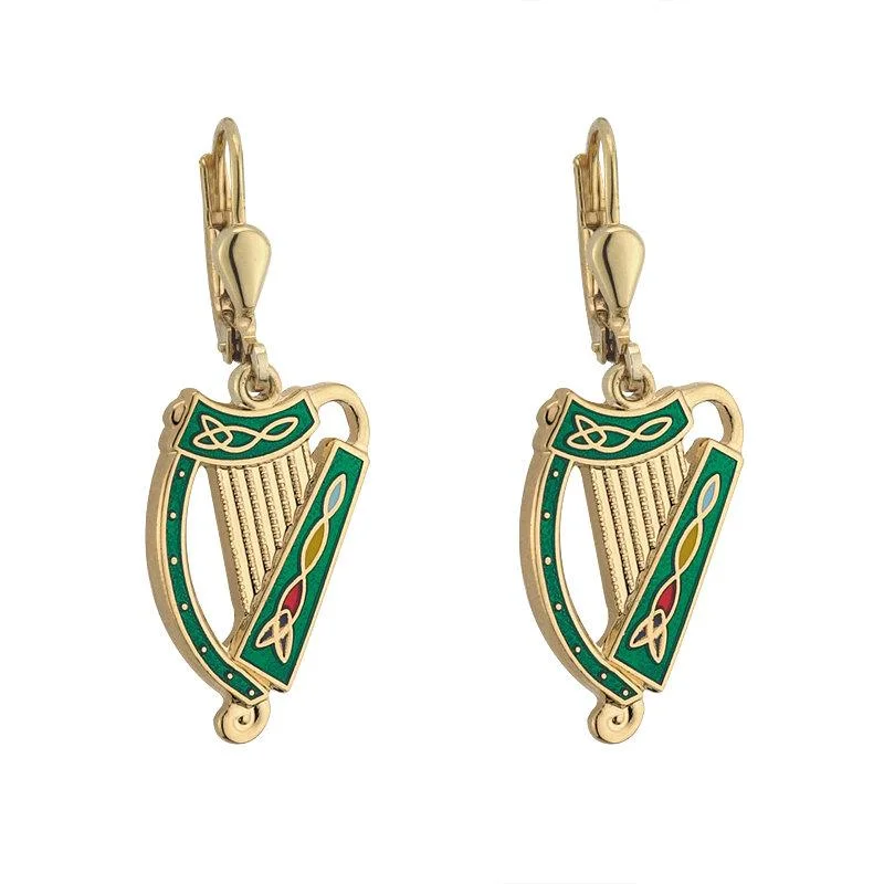 Vintage Silver Earrings-Gold Plated Green Harp Earrings