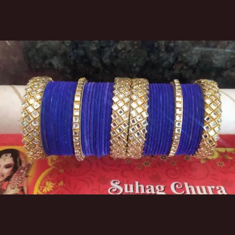 Bangles With Traditional Stonework-Manisha Gold Plated Velvet Bangles Set