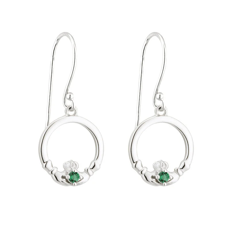 Luxury Earrings-Sterling Silver Green Crystal Claddagh Drop Earrings