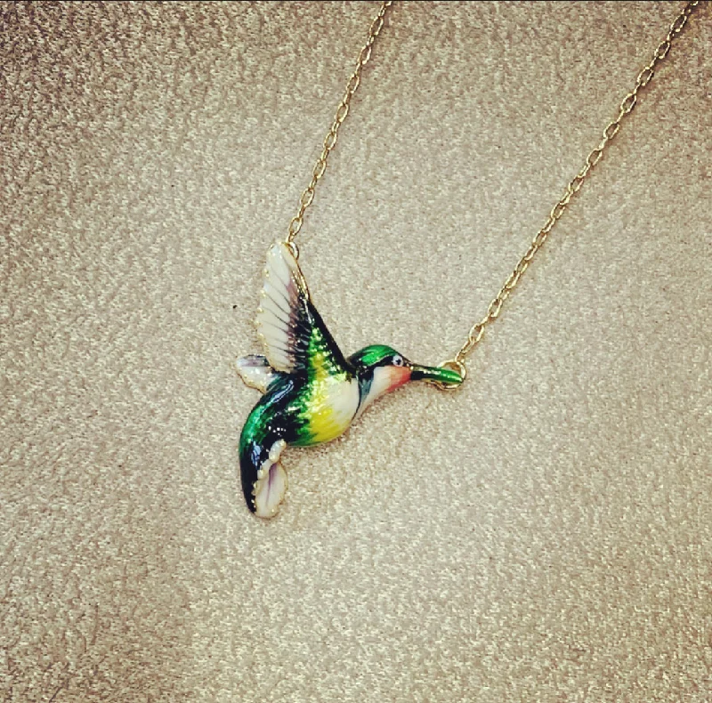 Gold Jewelry Necklaces -Hummingbird pendant necklace by Bill Skinner with blue green enamel