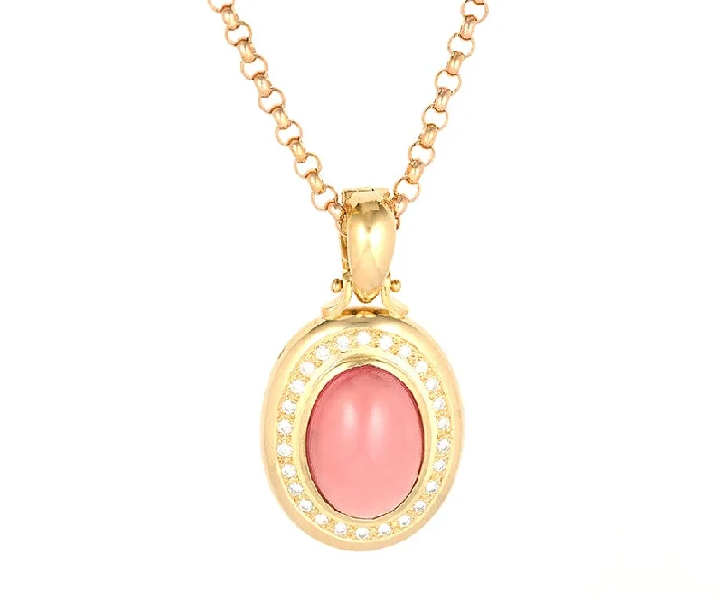 Crystal Necklaces -Oval Rhodochrosite and 0.75ctw Diamond Frame Rolo Chain Pendant Necklace in 18K