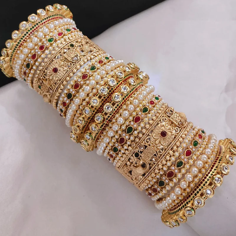 Bridal Bangles With Intricate Work-Akruti Collection Gold Plated Pota Stone And Pearl Openable Bangle Set