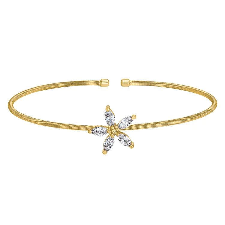 Simple Beaded Bracelets For Casual Look-Gold Finish Sterling Silver Cable Cuff Flower Bracelet with Simulated Diamonds