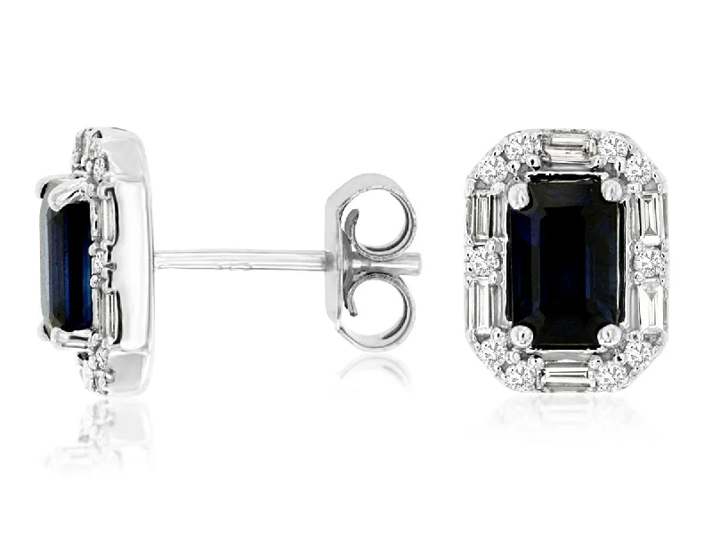 Wedding Earrings For Bridesmaids-14K White Gold Emerald Cut Sapphire with Baguette/Diamond Halo Stud Earrings