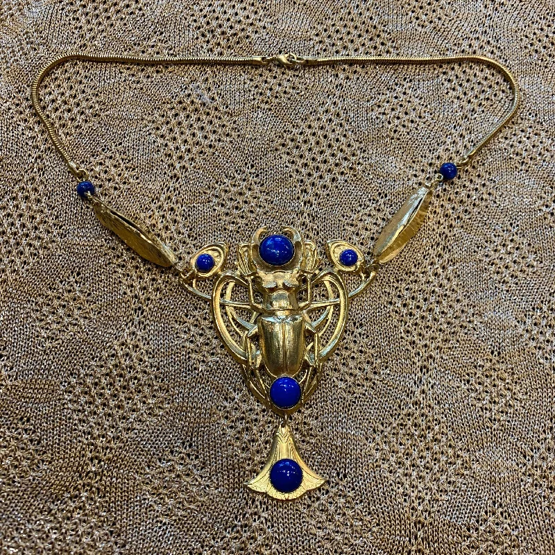 Birthstone Charm Necklaces -Egyptian Revival Scarab Necklace Art Nouveau Lapis Lazuli