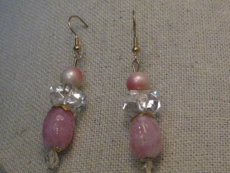 Designer Earrings Set-Vintage Pink Dangle Pierced Earrings, Faux Pearl & Art Glass, 2.5"