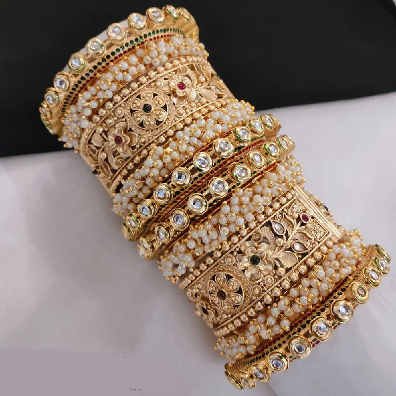 Bridal Bangles With Bright Stones-Akruti Collection Gold Plated Pota Stone And Pearl Openable Bangle Set