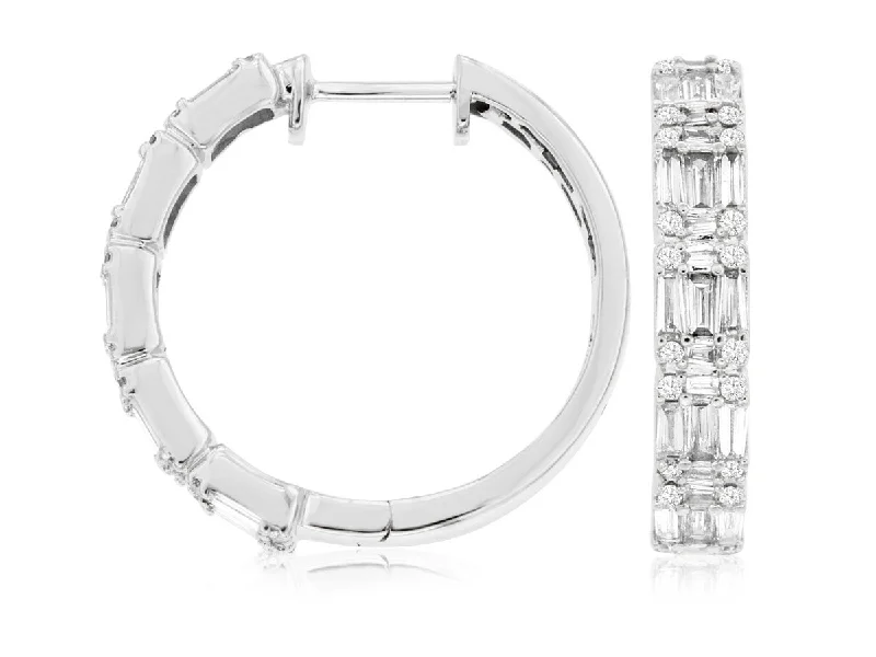 Wedding Earrings For Bridesmaids-14K White Gold Baguette and Round Diamond Hoop Earrings