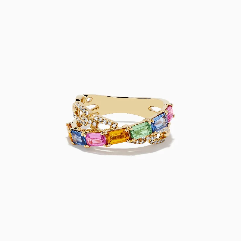 Heart-shaped rings-Watercolors 14K Yellow Gold Multi Sapphire and Diamond Crossover Ring