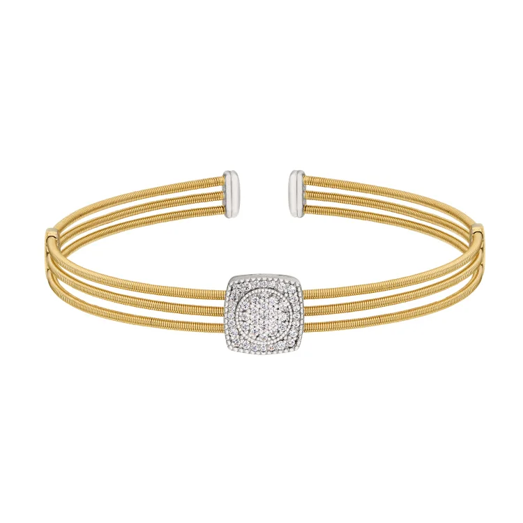 Simple Bracelets For Casual Look-Gold Finish Sterling Silver Three Cable Cuff Bracelet with Rhodium Finish Simulated Diamond Circle In Square