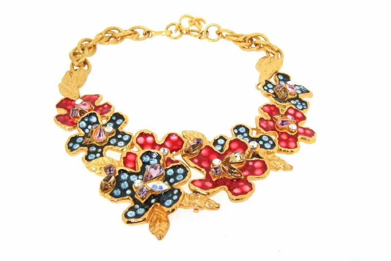 Classic Necklaces -Vintage Christian Lacroix Statement Floral Necklace Enamel Crystal