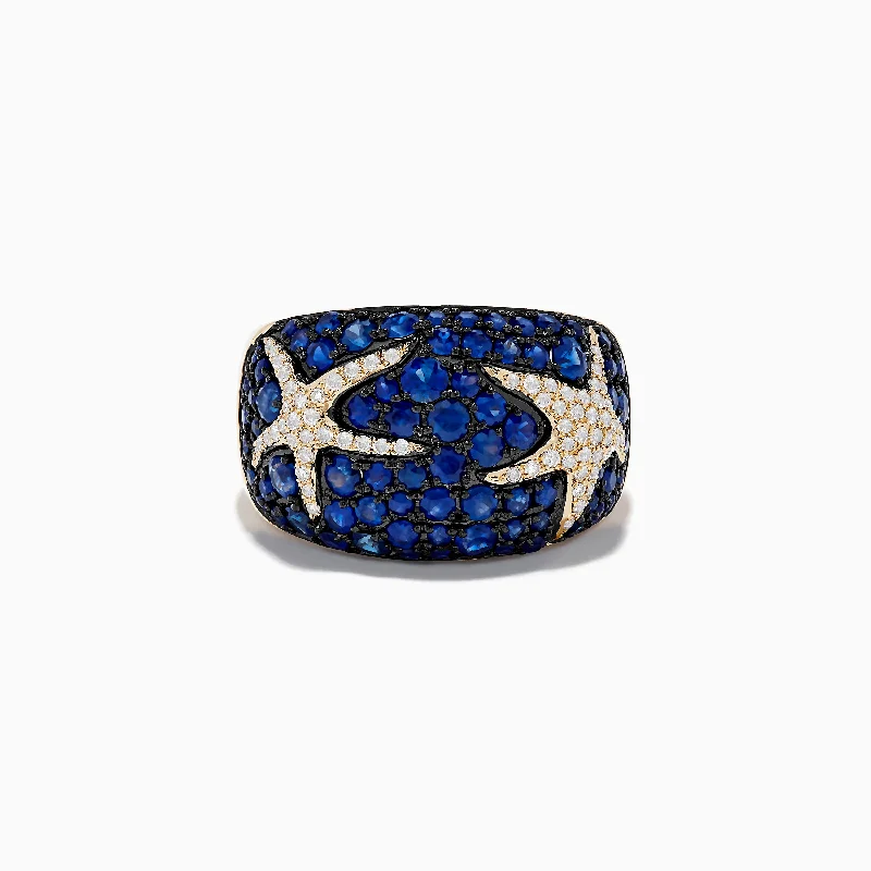 Unique titanium rings-Seaside 14K Yellow Gold Sapphire and Diamond Starfish Ring