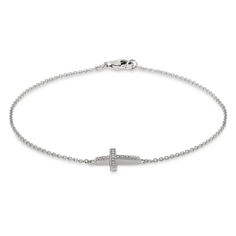 Leather Wrap Bracelets For Men-Platinum Finish Sterling Silver Micropave Cross Adjustable Bracelet with Simulated Diamonds 6.5" - 7.25" Cable Chain