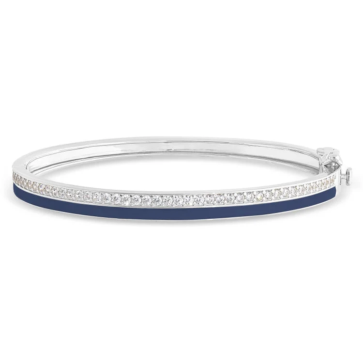 Casual Leather Bracelets For Men-Platinum Finish Sterling Silver Micropave Hinged Bangle Bracelet with with Navy Enamel and Simulated Diamonds