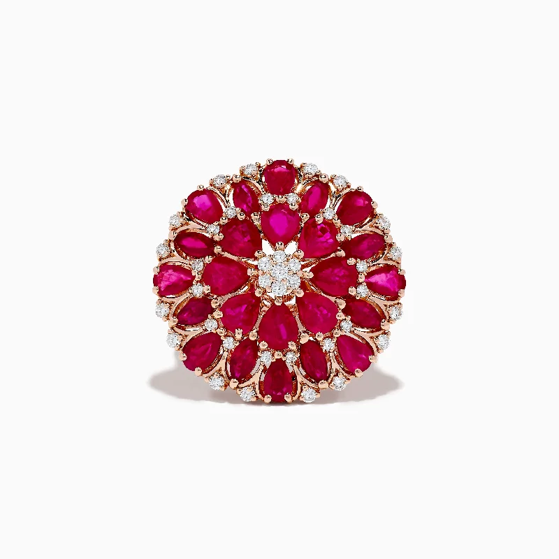 Luxury engagement rings for men-14K Yellow Gold Ruby and Diamond Flower Cocktail Ring