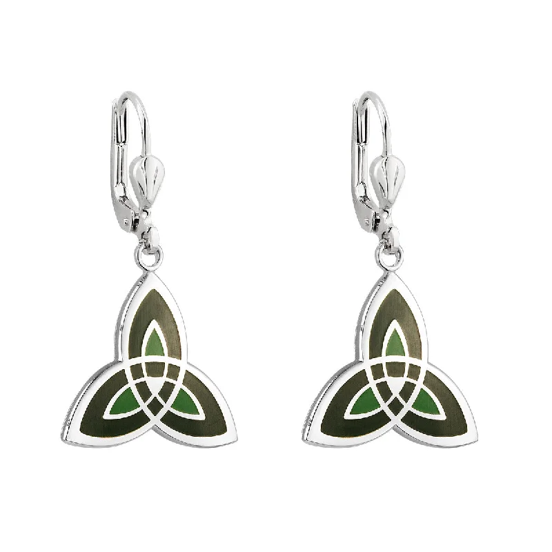 Handcrafted Gold Earrings-Rhodium Green Enamel Trinity Knot Earrings