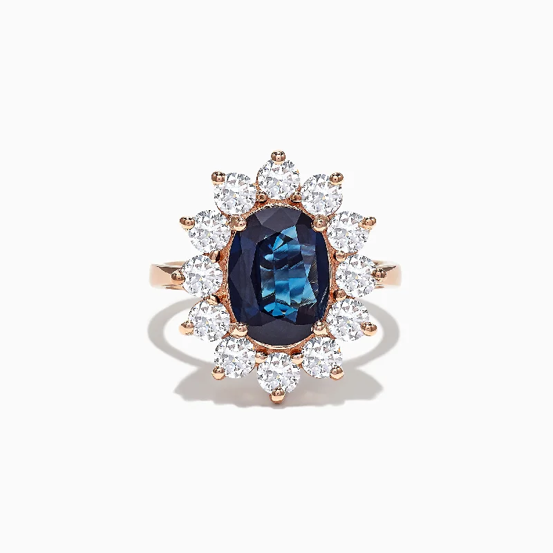 Silver rings-14K Rose Gold Blue Sapphire and Diamond Ring, 4.71 TCW