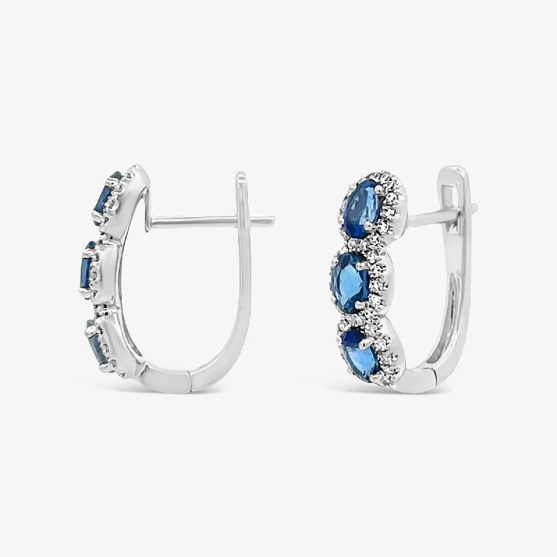 Silver Drop Earrings-Oval Cut Sapphire & Diamond Halo Earrings