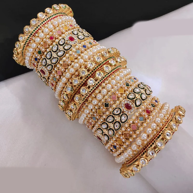 Crystal Wedding Bangles For Brides-Lucentarts Jewellery Gold Plated Crystal Stone And Pearls Bangles Set