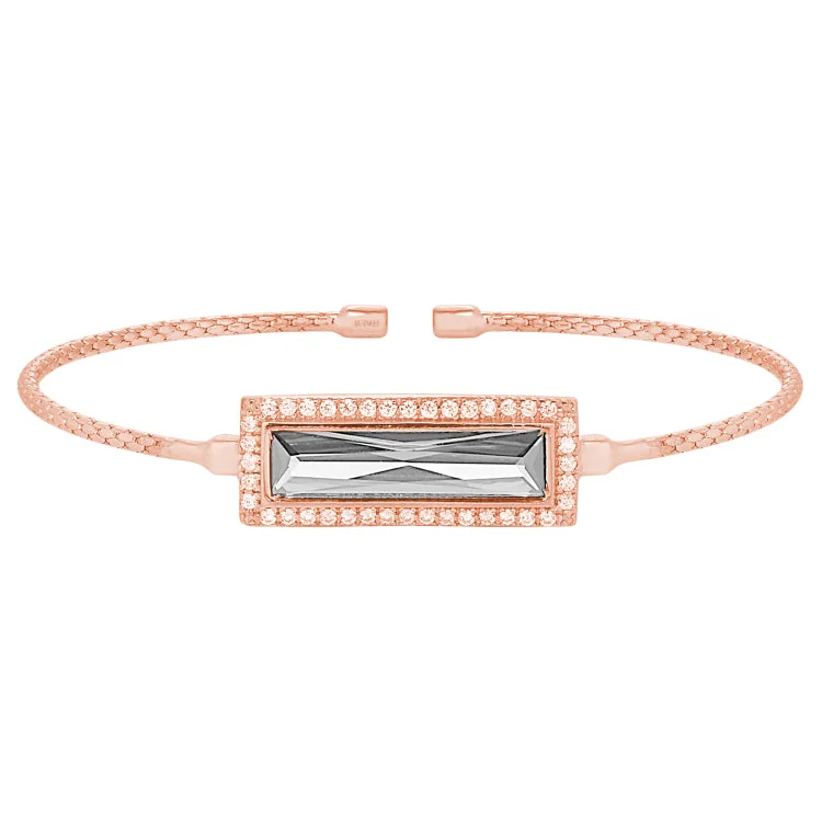 Elegant Tennis Bracelets For Brides-Rose Gold Finish Sterling Silver Cable Cuff Bracelet with Rectangular Simulated Diamond Stone and Simulated Diamonds