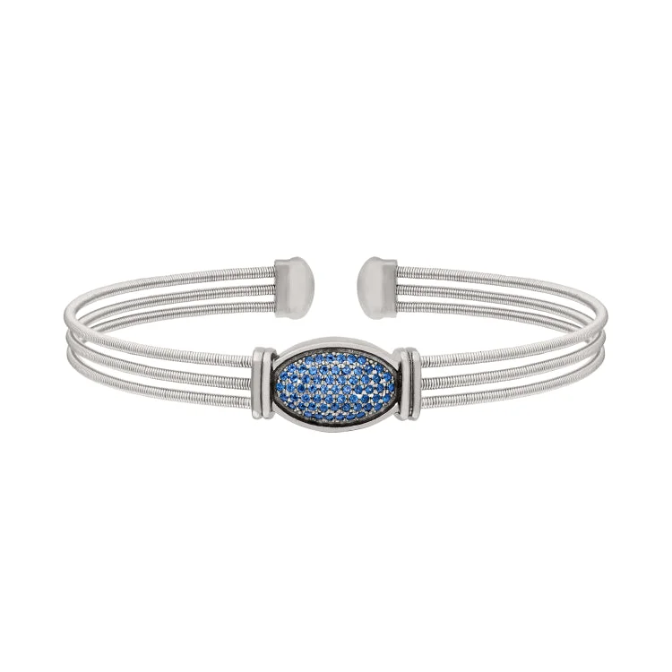 Fashion Bracelets With Custom Charms-Rhodium Finish Sterling Silver Three Cable Cuff Bracelet with Black Rhodium Finish Simulated Blue Sapphire Oval