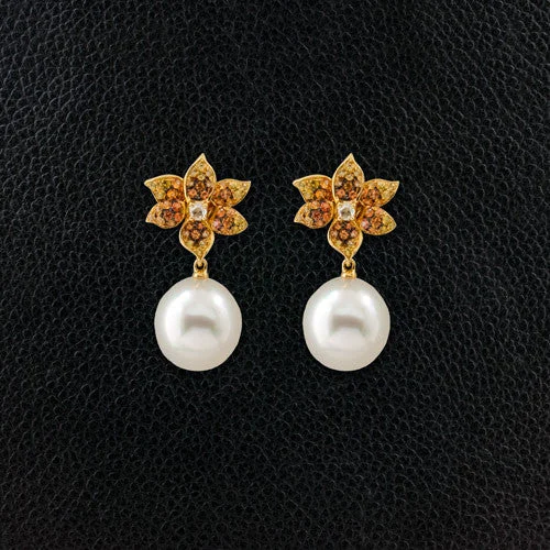 Bridal Earrings-Pearl & Orange Sapphire Drop Earrings