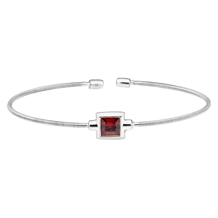 Beaded Bracelets For Casual Wear-Rhodium Finish Sterling Silver Cable Cuff Bracelet with Princess Cut Simulated Garnet Birth Gem