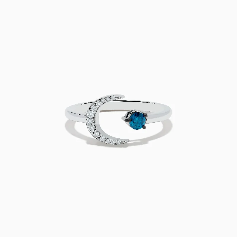 Unique promise rings-Bella Bleu 14K White Gold White and Blue Diamond Crescent Moon Ring